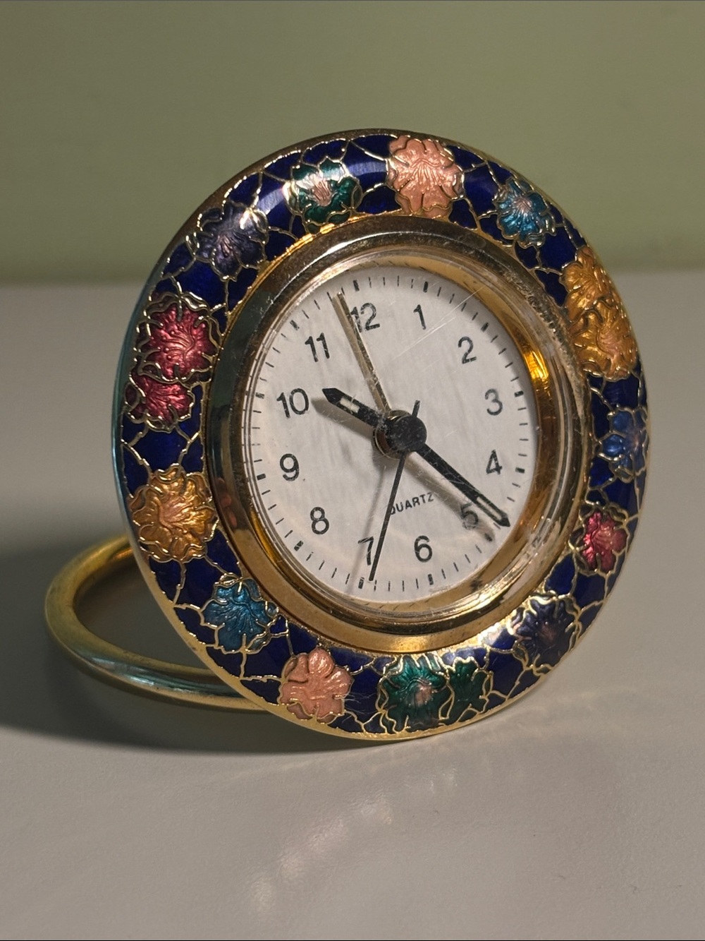 Vintage Evershine Cloisonne Enamel Brass Travel Alarm Clock Ring Stand Floral